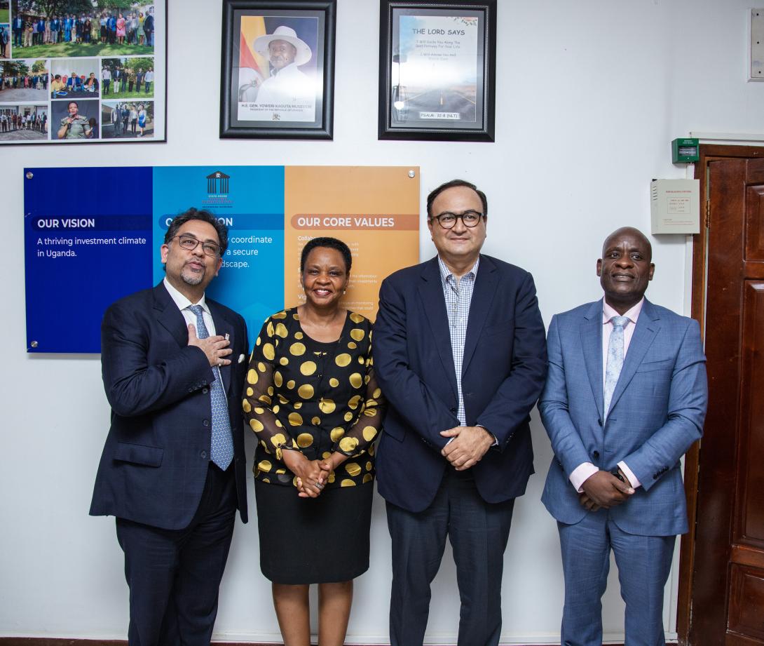 Colonel Edith Nakalema with Mr. Mihir Patel Chair of The India Overseas Trust  and Mr. Mrunal Gandhi, Principal at Siddha Gas, India accompanied by Mr. Willy Mutenza