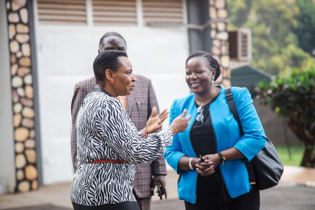 Col. Edith Nakalema welcomes Ms. Catherine Poran, CEO of the Stanbic Bank Business Incubator.